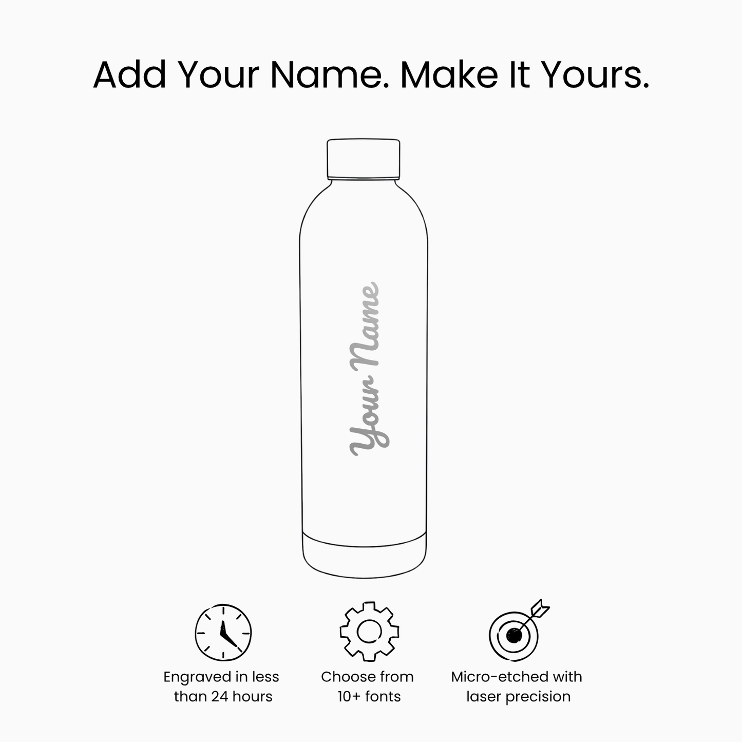 Line drawing of the Core Series | Onyx Black insulated flask with Your Name vertically. Text above: Add Your Name. Make It Yours. Icons highlight leakproof design, fast engraving, 10+ font choices, and laser-etched precision.