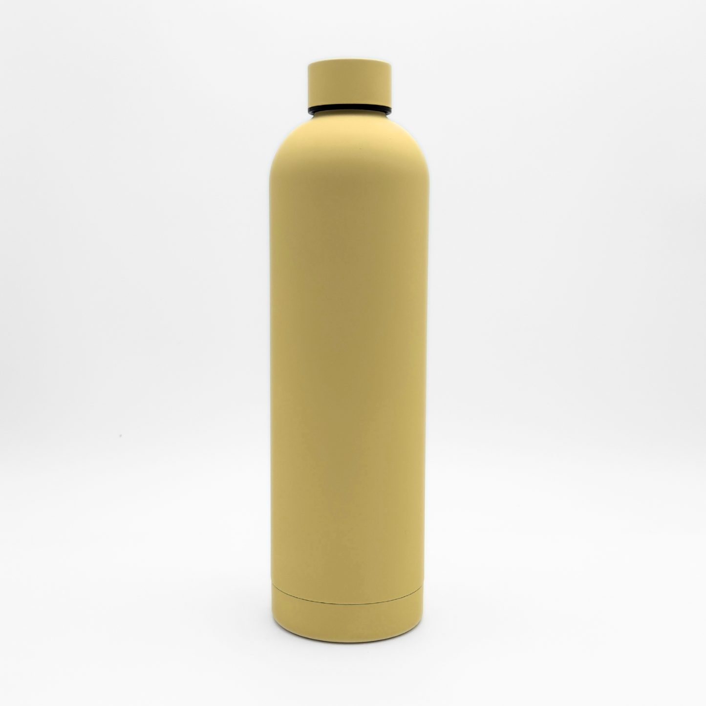 A tall, plain, matte Canary Yellow Core Series Plus insulated flask with a screw-on cap stands upright on a white background.