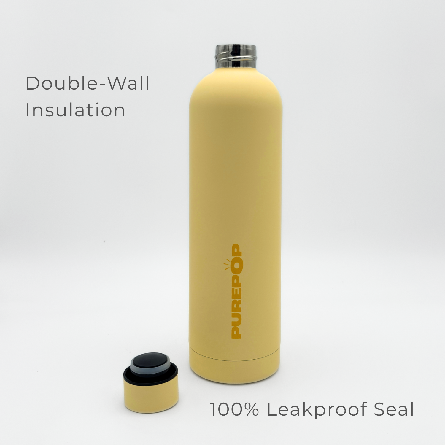 A Canary Yellow Core Series Plus insulated flask water bottle with a removable cap is shown beside it. The text reads “Double-Wall Insulation” and “100% Leakproof Seal,” emphasizing its double-walled stainless steel construction for long-lasting temperature control.
