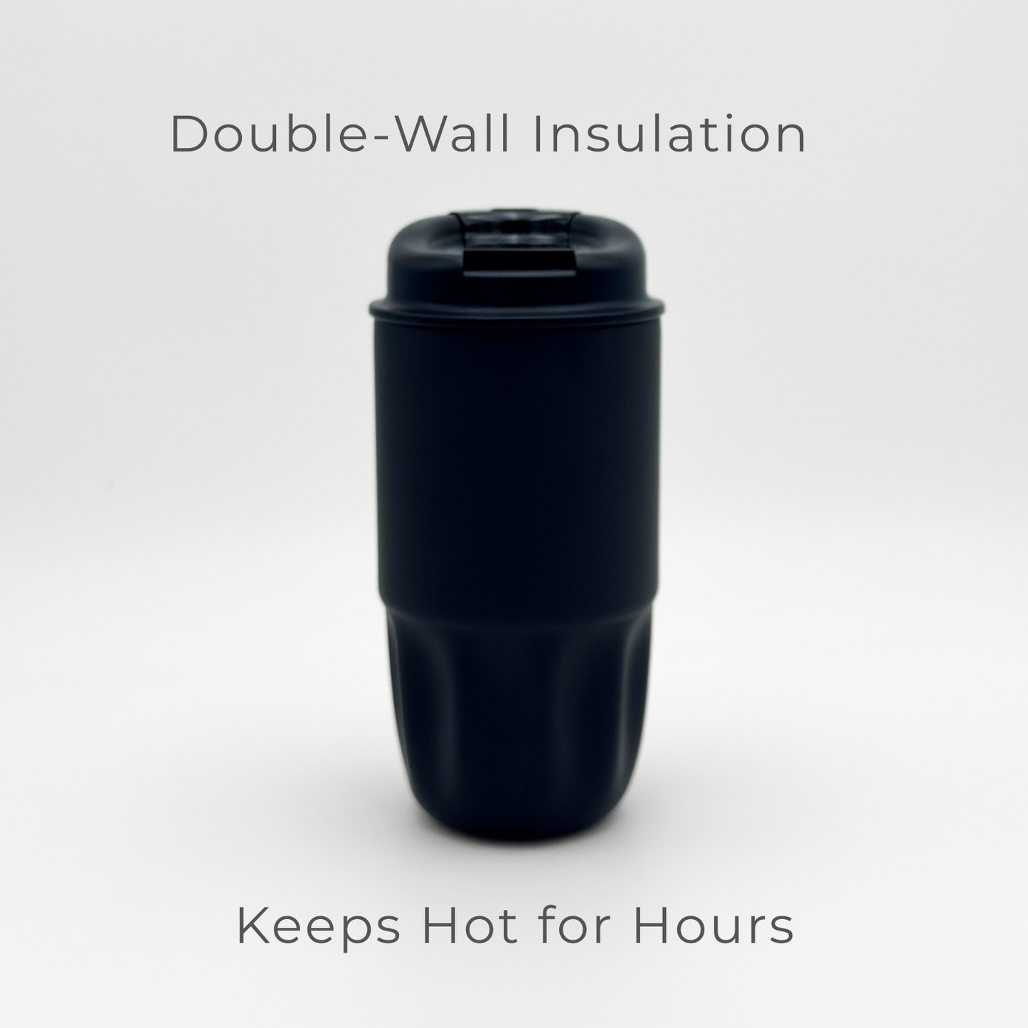 A Sip Series | Onyx Black leakproof travel mug with a flip-top lid is centered on a white background. Text above reads Double-Wall Insulation, while text below says Keeps Hot for Hours.
