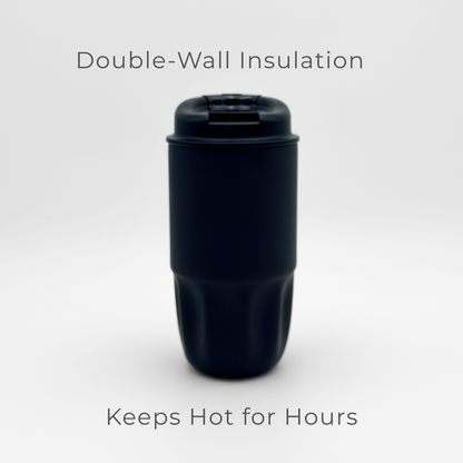 A Sip Series | Onyx Black leakproof travel mug with a flip-top lid is centered on a white background. Text above reads Double-Wall Insulation, while text below says Keeps Hot for Hours.