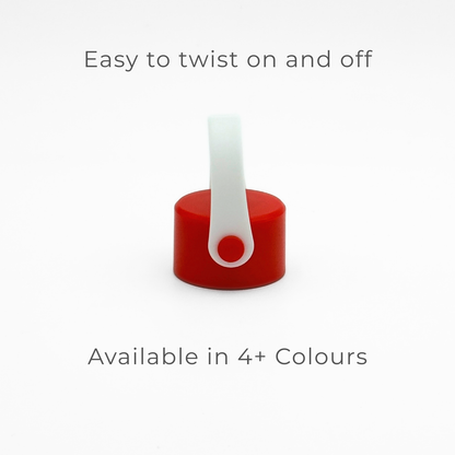 A Core Series | Carry Lid | Red & White is centered on a plain background. Text above reads, Easy to twist on and off. Below, text reads, Available in 4+ Colours. This PurePop accessory is the perfect leakproof carry lid for your flask.