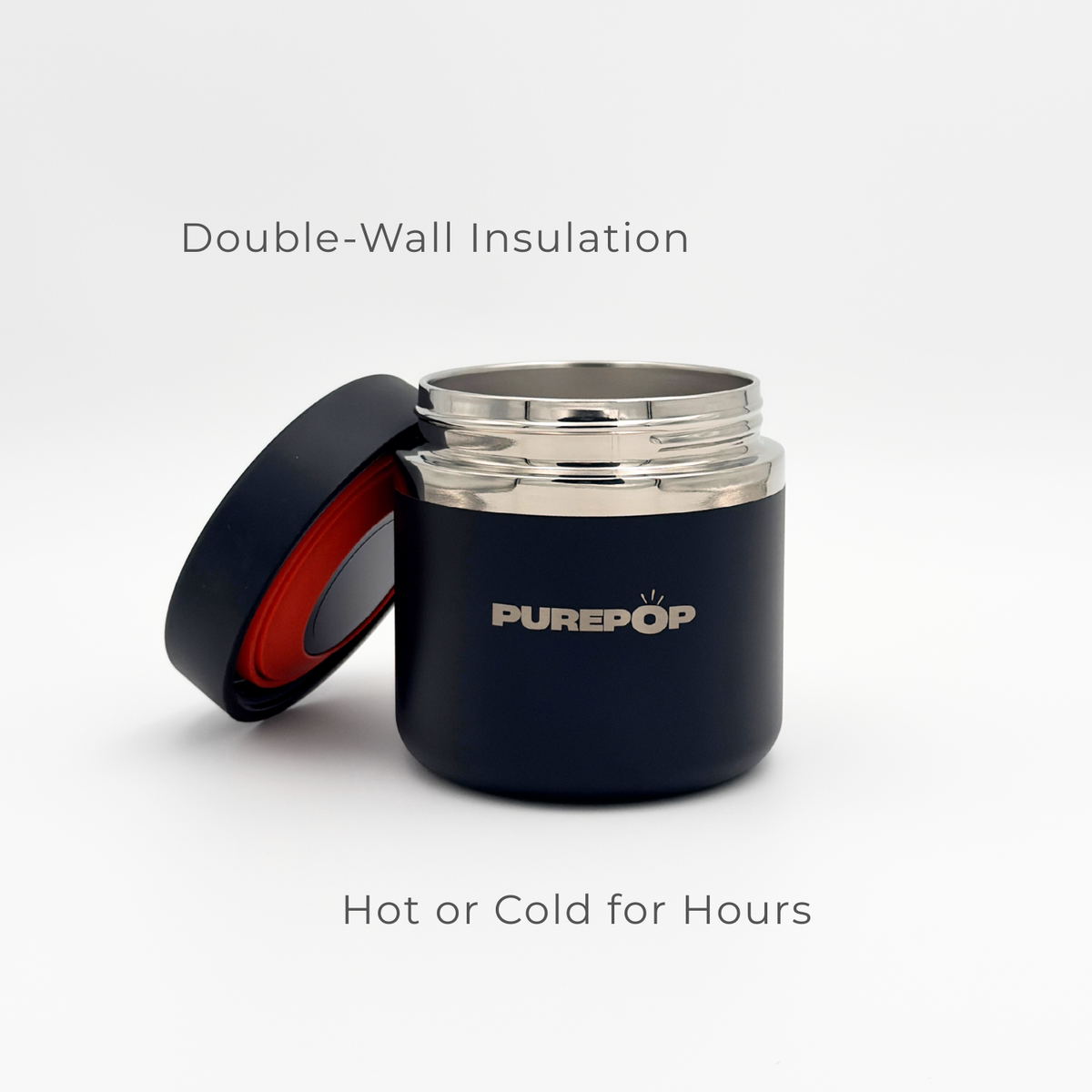 An Onyx Black Purepop Food Flask with the lid off, showing its stainless steel interior. Above: Double-Wall Insulation; below: Hot or Cold for Hours.