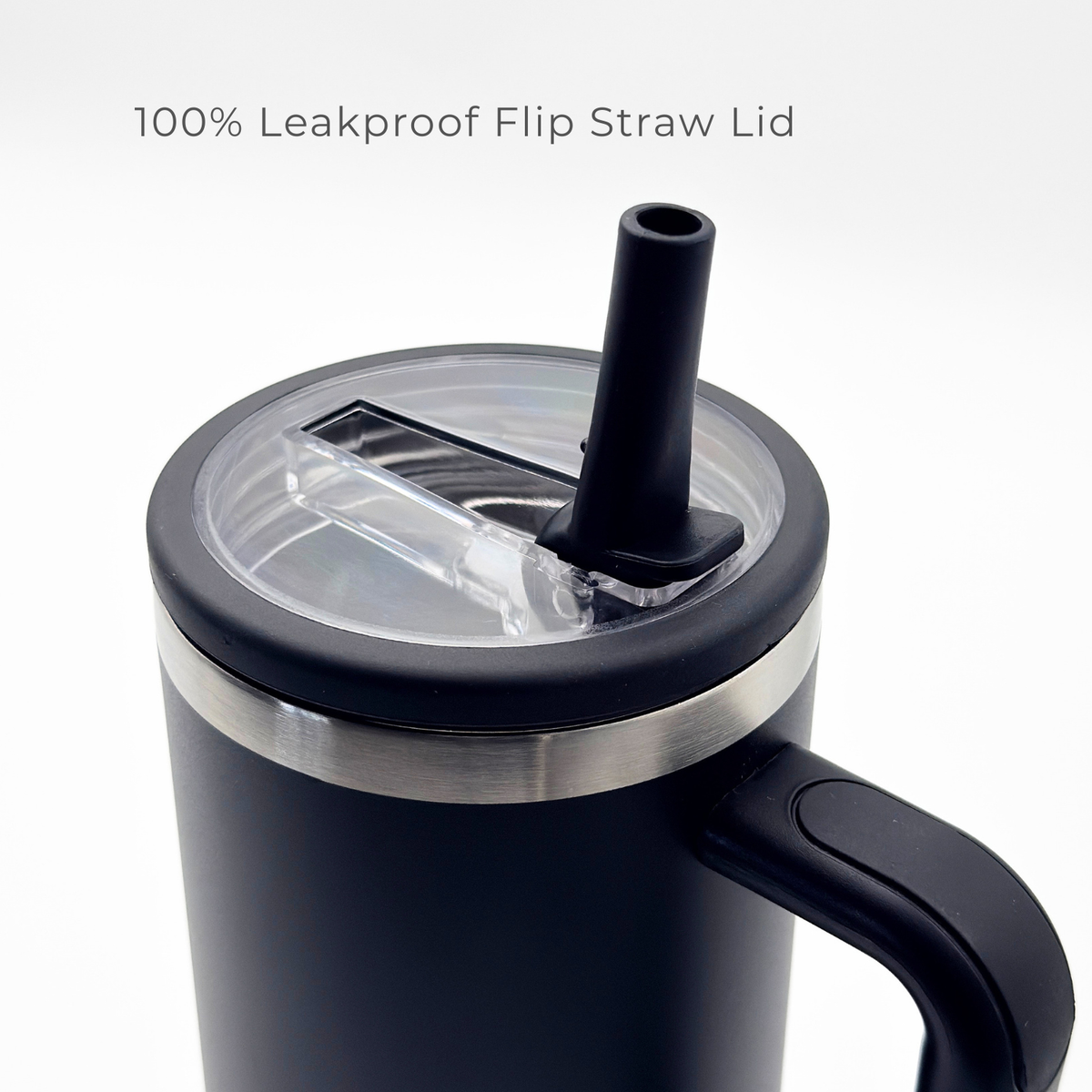The PurePop™ Carry Series | Onyx Black tumbler with handle has a 100% leakproof transparent flip straw lid—shown open and perfect for on-the-go hydration.