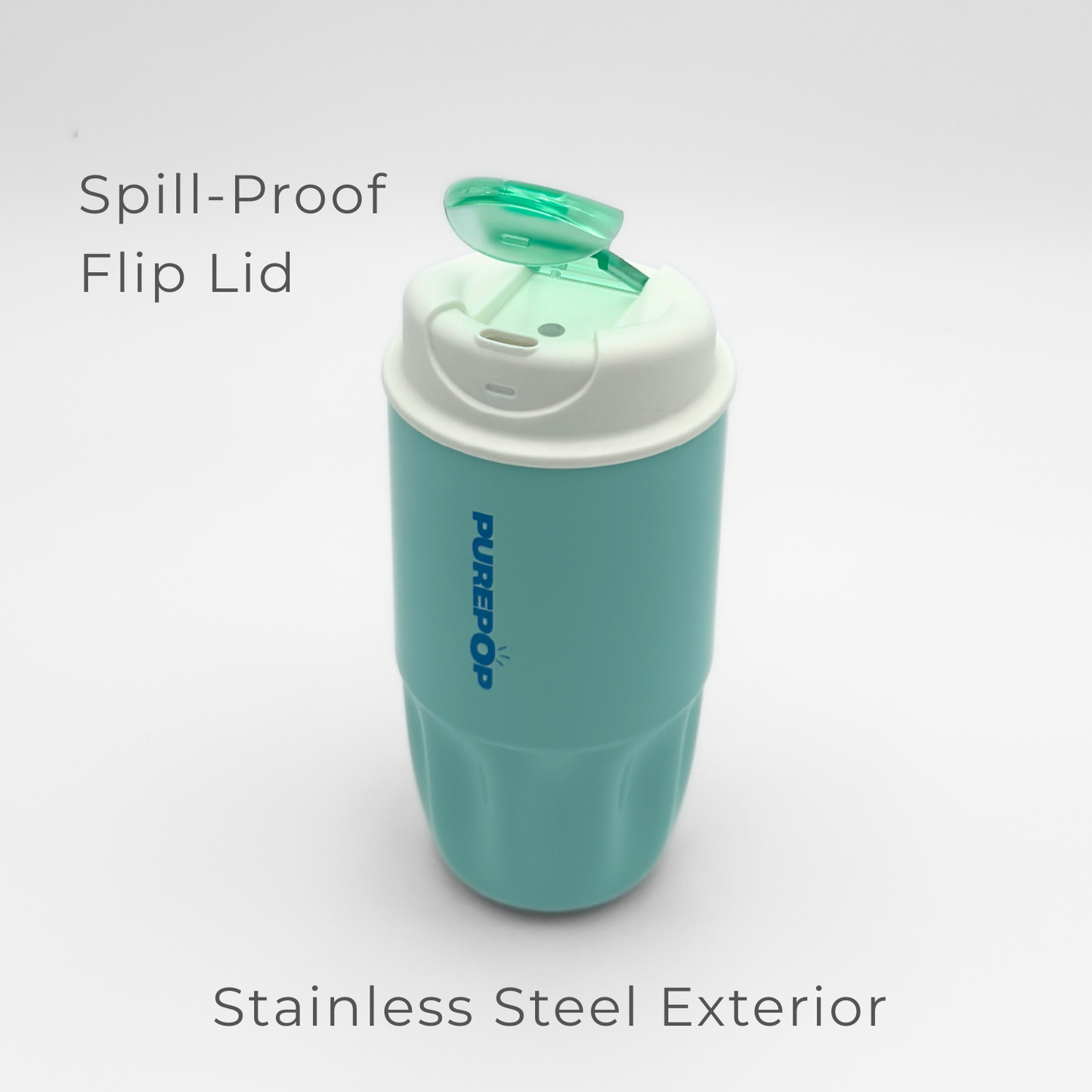 A Sip Series | Soft Aqua travel mug stands upright, featuring a white spill-proof flip lid. This reusable insulated bottle is designed to keep your drinks at the ideal temperature while you're on the go. The phrases “Spill-Proof Flip Lid” and “Stainless Steel Exterior” appear beside it.