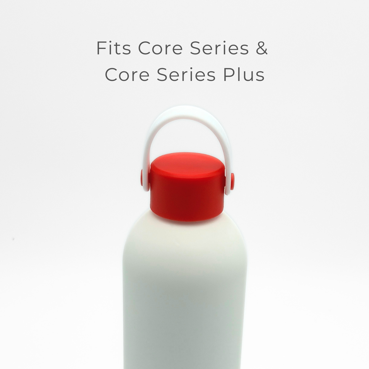 A Core Series | Carry Lid in red and white is displayed below the text “Fits Core Series & Core Series Plus” on a plain white background, emphasizing its compatibility with Core Series flasks and its role as the ideal PurePop flask accessory.