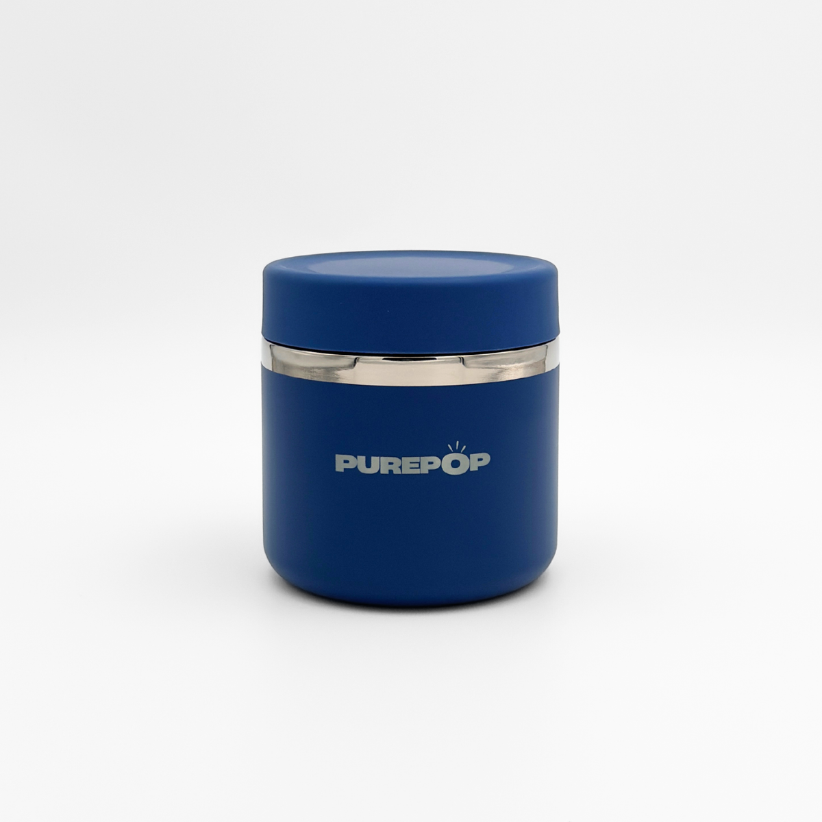 A sleek Royal Blue Food Flask by Purepop, featuring a cylindrical shape with a silver band near the top and the Purepop logo in white on the front, displayed against a plain white background.
