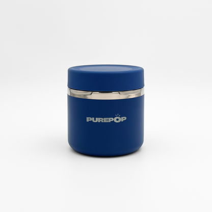 A sleek Royal Blue Food Flask by Purepop, featuring a cylindrical shape with a silver band near the top and the Purepop logo in white on the front, displayed against a plain white background.