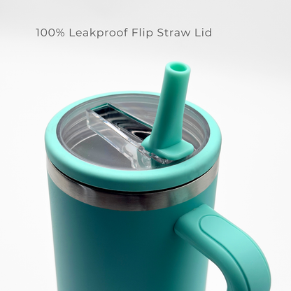 The PurePop™ Carry Series | Eucalyptus tumbler has a handle, transparent lid, and upright flip straw. "100% Leakproof Flip Straw Lid" appears above it. The image features a minimalistic white background.