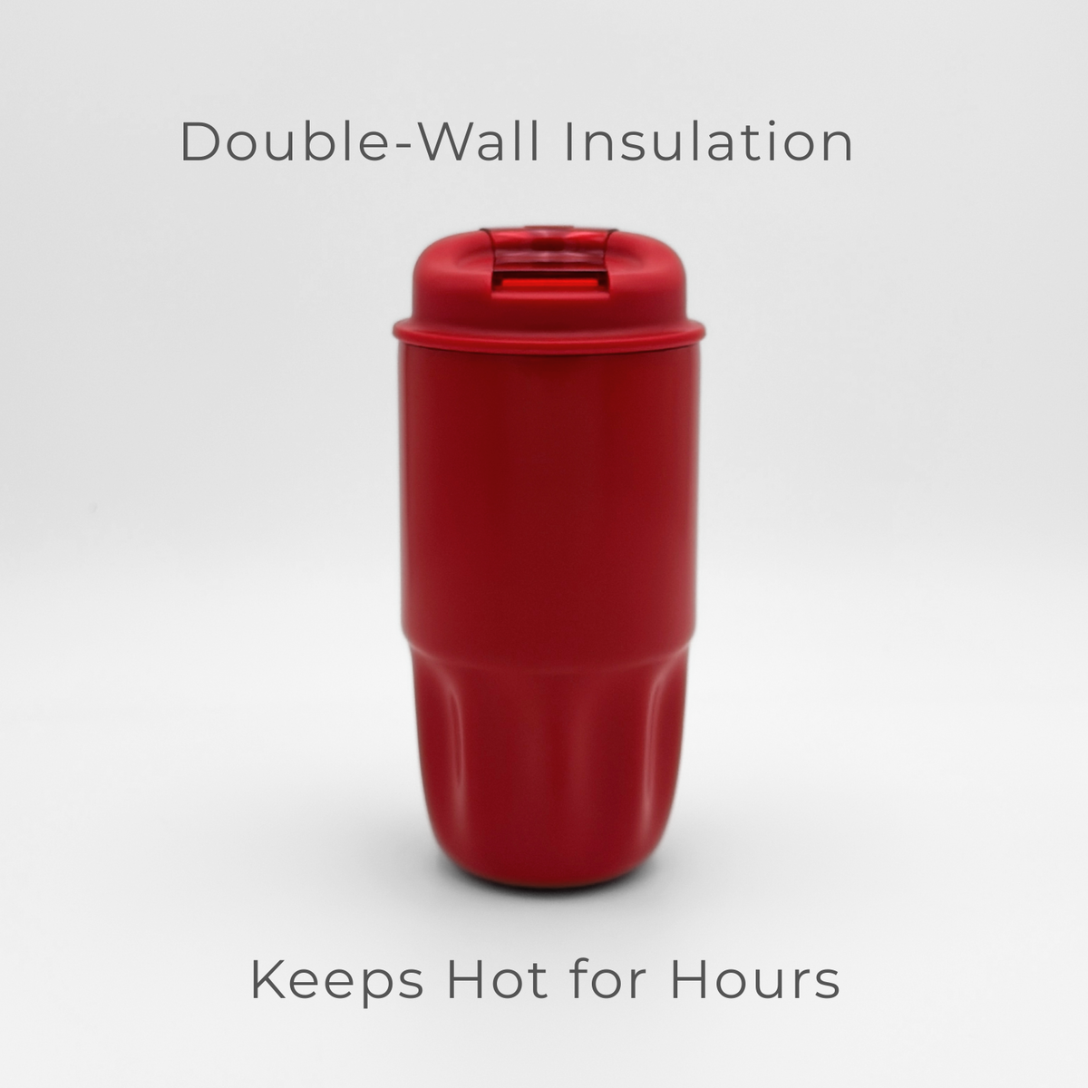 A Sip Series | Chili Red travel mug with a lid is centered on a white background. Above it, the text reads "Double-Wall Insulation," emphasizing its double-walled vacuum flask design, while below it says "Keeps Hot for Hours.
