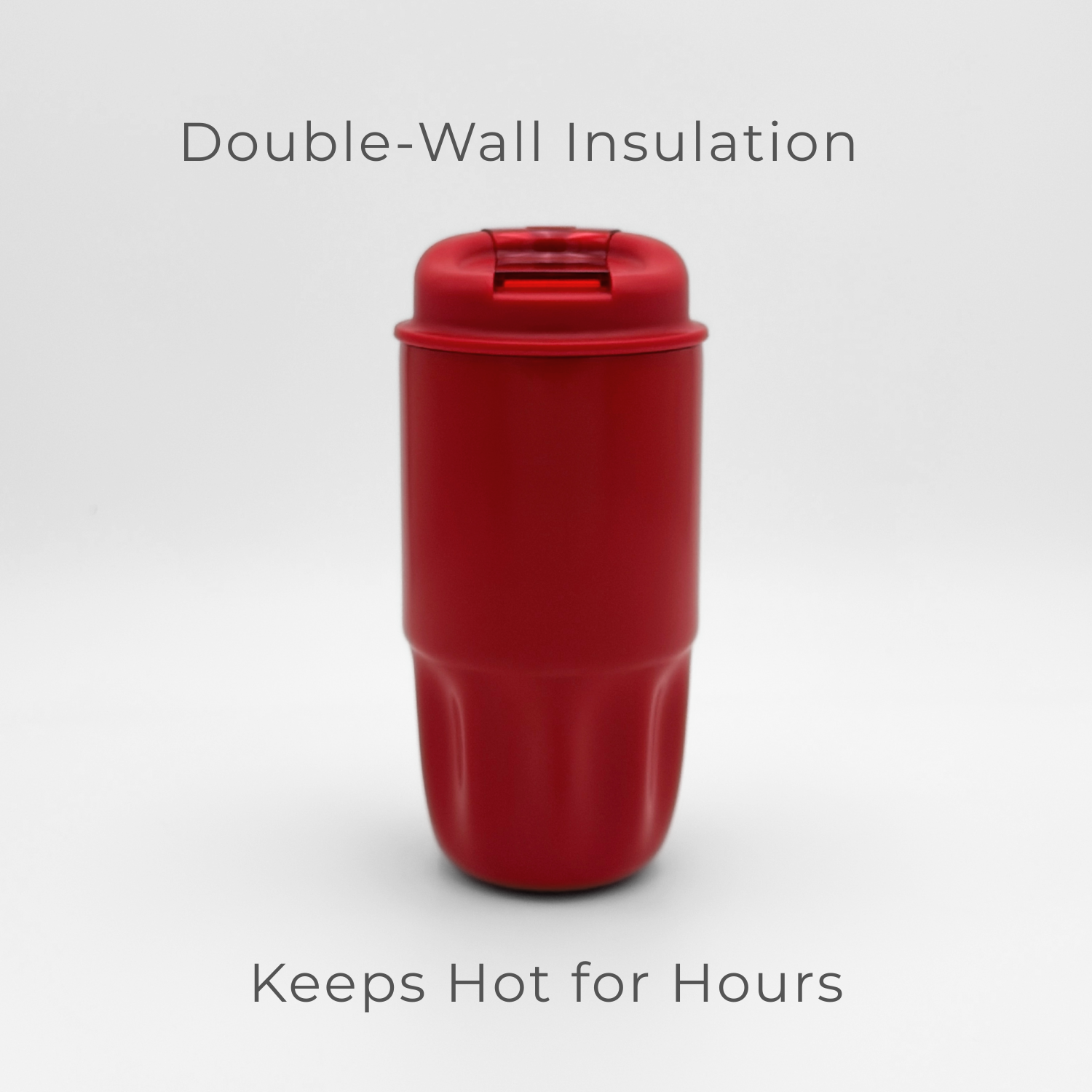 A Sip Series | Chili Red travel mug with a lid is centered on a white background. Above it, the text reads "Double-Wall Insulation," emphasizing its double-walled vacuum flask design, while below it says "Keeps Hot for Hours.