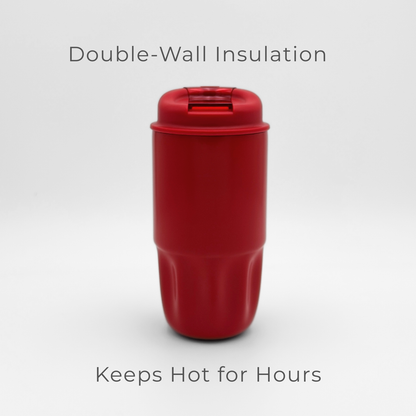 A Sip Series | Chili Red travel mug with a lid is centered on a white background. Above it, the text reads "Double-Wall Insulation," emphasizing its double-walled vacuum flask design, while below it says "Keeps Hot for Hours.