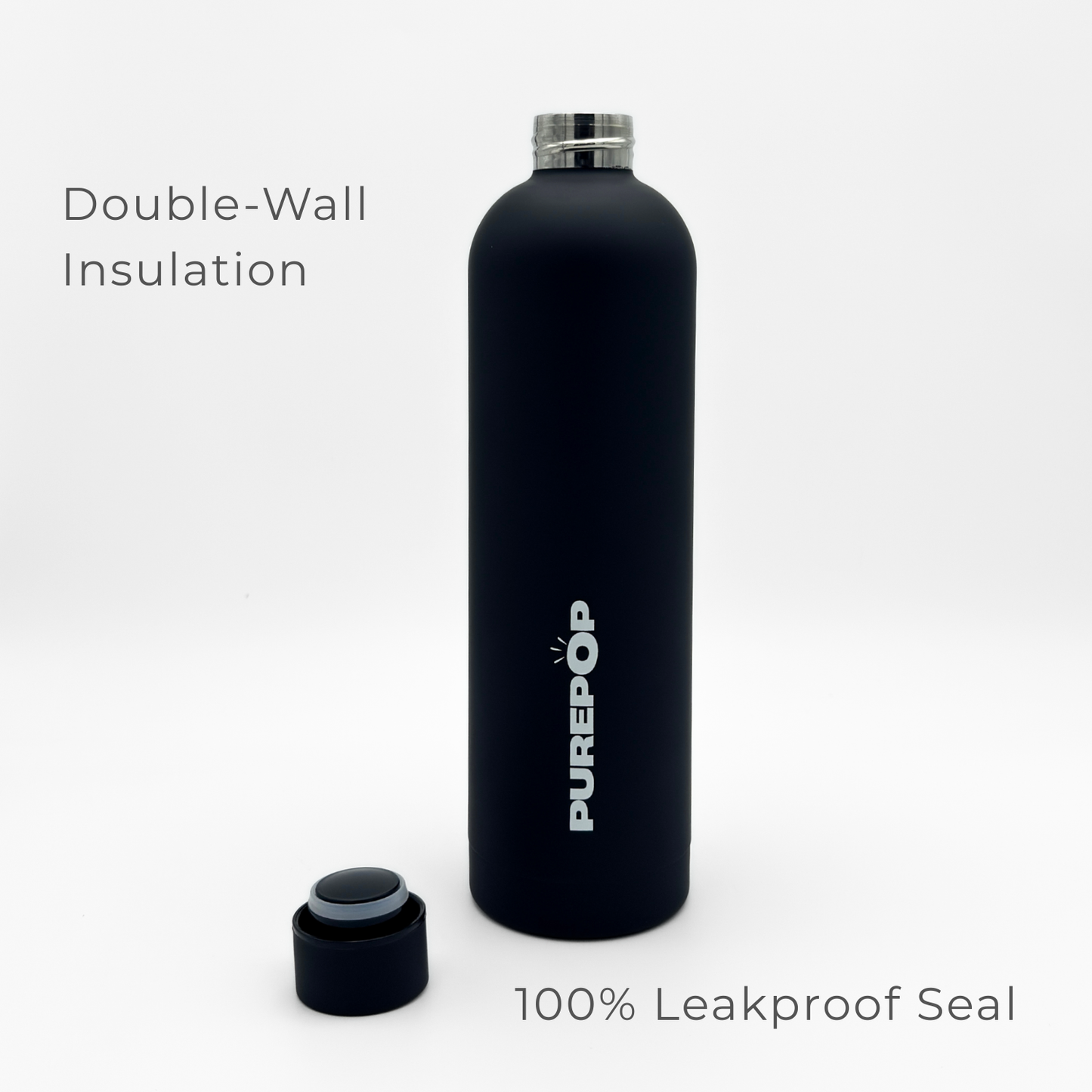 An Onyx Black Core Series Plus insulated flask with a screw cap placed beside it. Text on the left reads “Double-Wall Insulation” and on the right, “100% Leakproof Seal,” highlighting its double-walled stainless steel construction. The background is plain white.