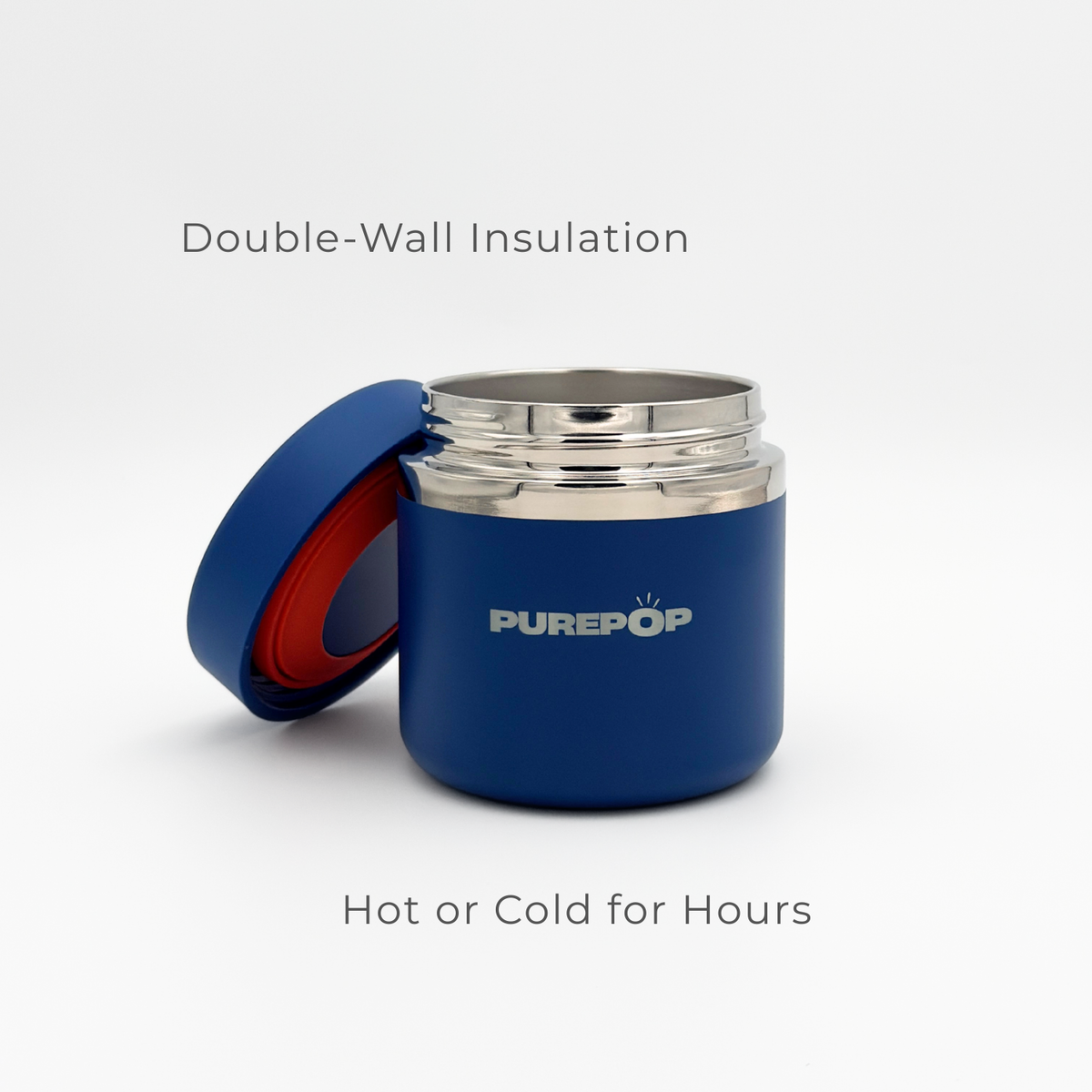 The Purepop Food Flask in Royal Blue, shown open with a stainless steel rim on a white background, features double-wall insulation to keep food hot or cold for hours.