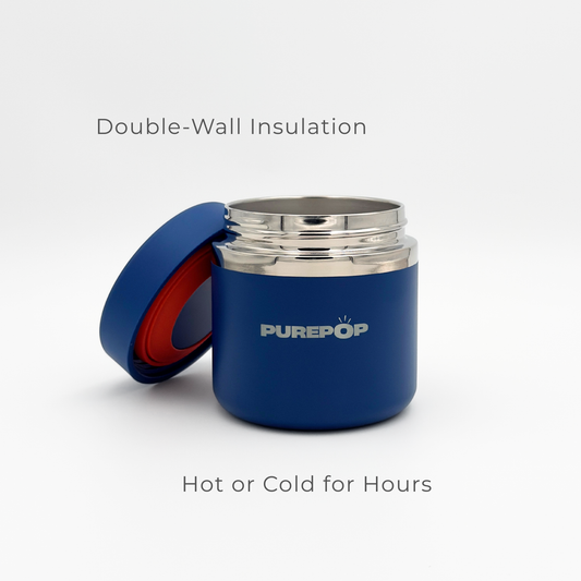 The Purepop Food Flask in Royal Blue, shown open with a stainless steel rim on a white background, features double-wall insulation to keep food hot or cold for hours.