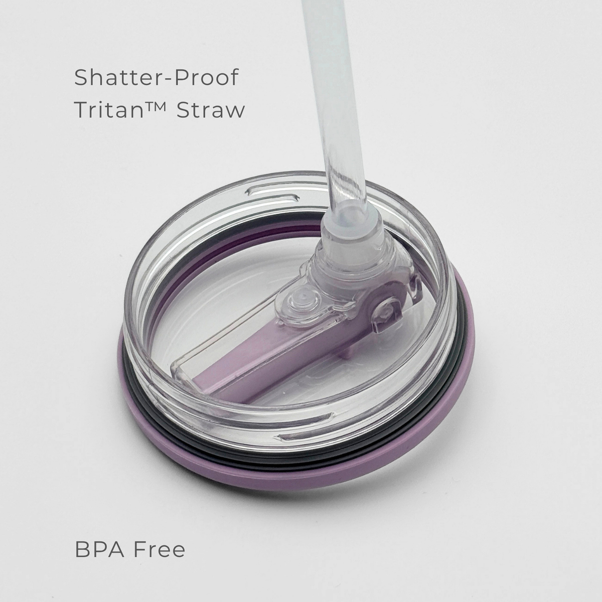 A close-up of the PurePop™ Carry Series | Soft Lilac lid—a clear, round tumbler lid with a purple rim and shatter-proof Tritan straw. The text notes it is BPA free and durable.