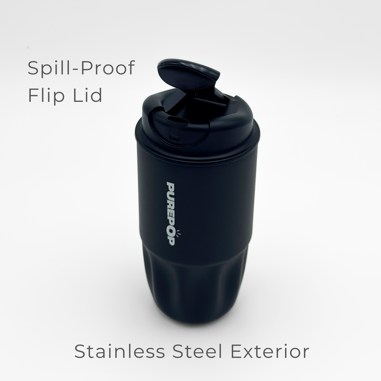 Sip Series | Onyx Black is a leakproof travel mug with a spill-proof flip lid and a sleek stainless steel exterior, pictured upright against a white background. The text highlights its spill-proof lid, durable stainless steel construction, and the everyday practicality of this reusable coffee cup.