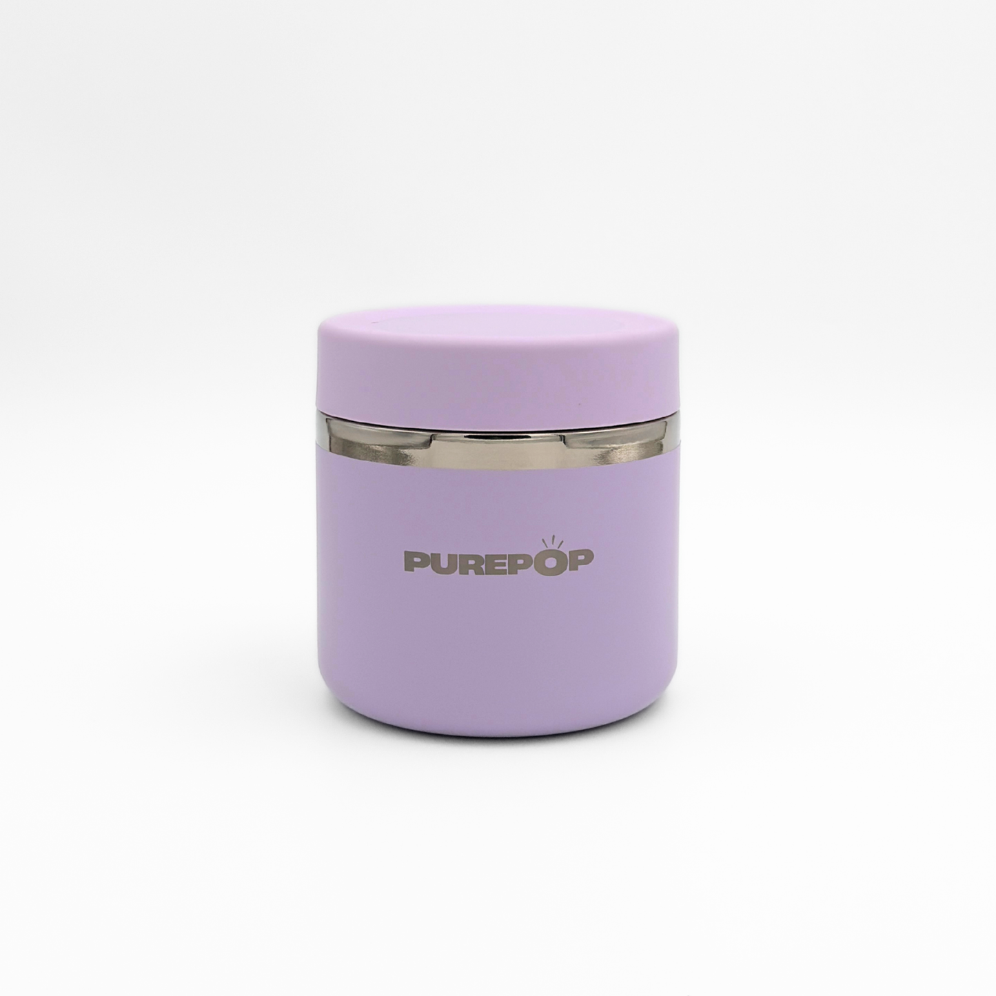 A compact, round Food Flask in Twilight Purple by Purepop, featuring a silver band and minimalist design, is shown against a plain white background.