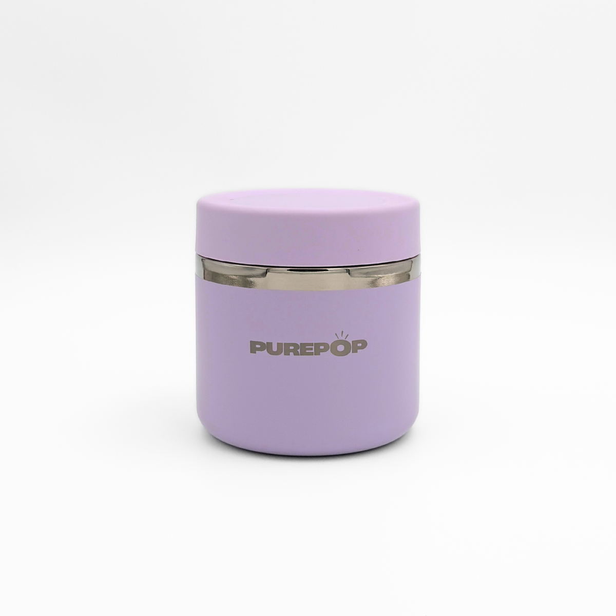 A compact, round Food Flask in Twilight Purple by Purepop, featuring a silver band and minimalist design, is shown against a plain white background.