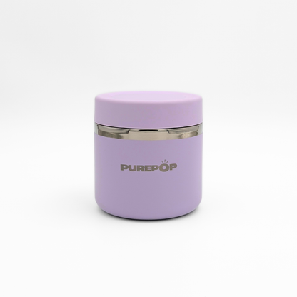 A compact, round Food Flask in Twilight Purple by Purepop, featuring a silver band and minimalist design, is shown against a plain white background.