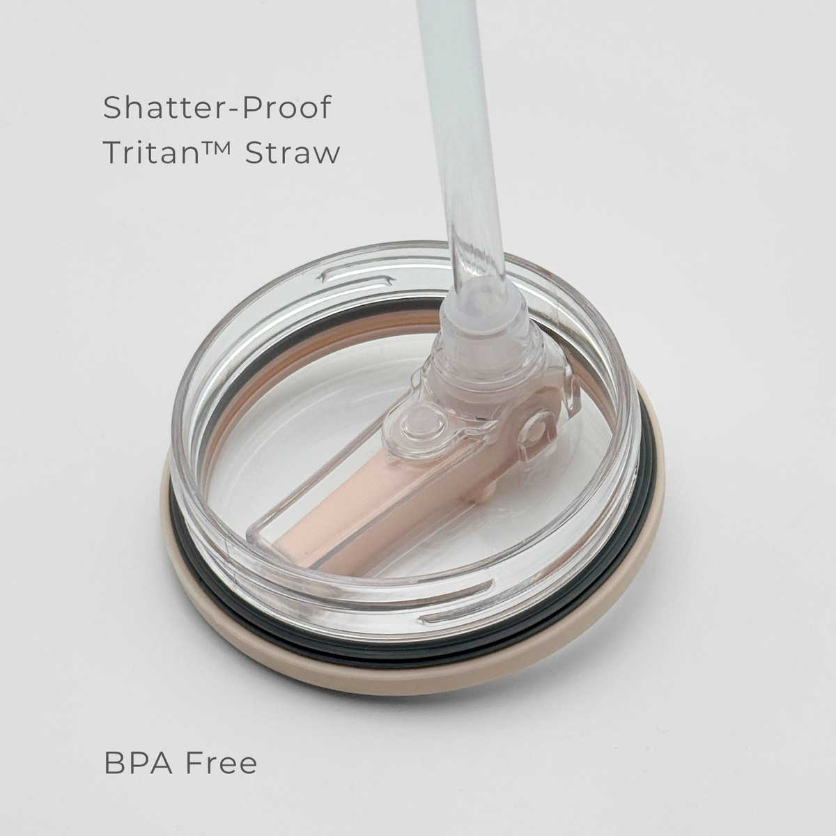 A clear Tritan™ straw sits in a shatter-proof, BPA-free lid atop the PurePop™ Carry Series | Rose Quartz, displayed on white. Text reads: Shatter-Proof Tritan™ Straw and BPA Free.