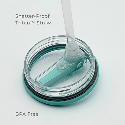 A close-up of PurePop™ Carry Series | Eucalyptus shows a BPA-free, shatter-proof Tritan™ straw on a teal and clear travel cup lid, highlighting its durable, safe material.