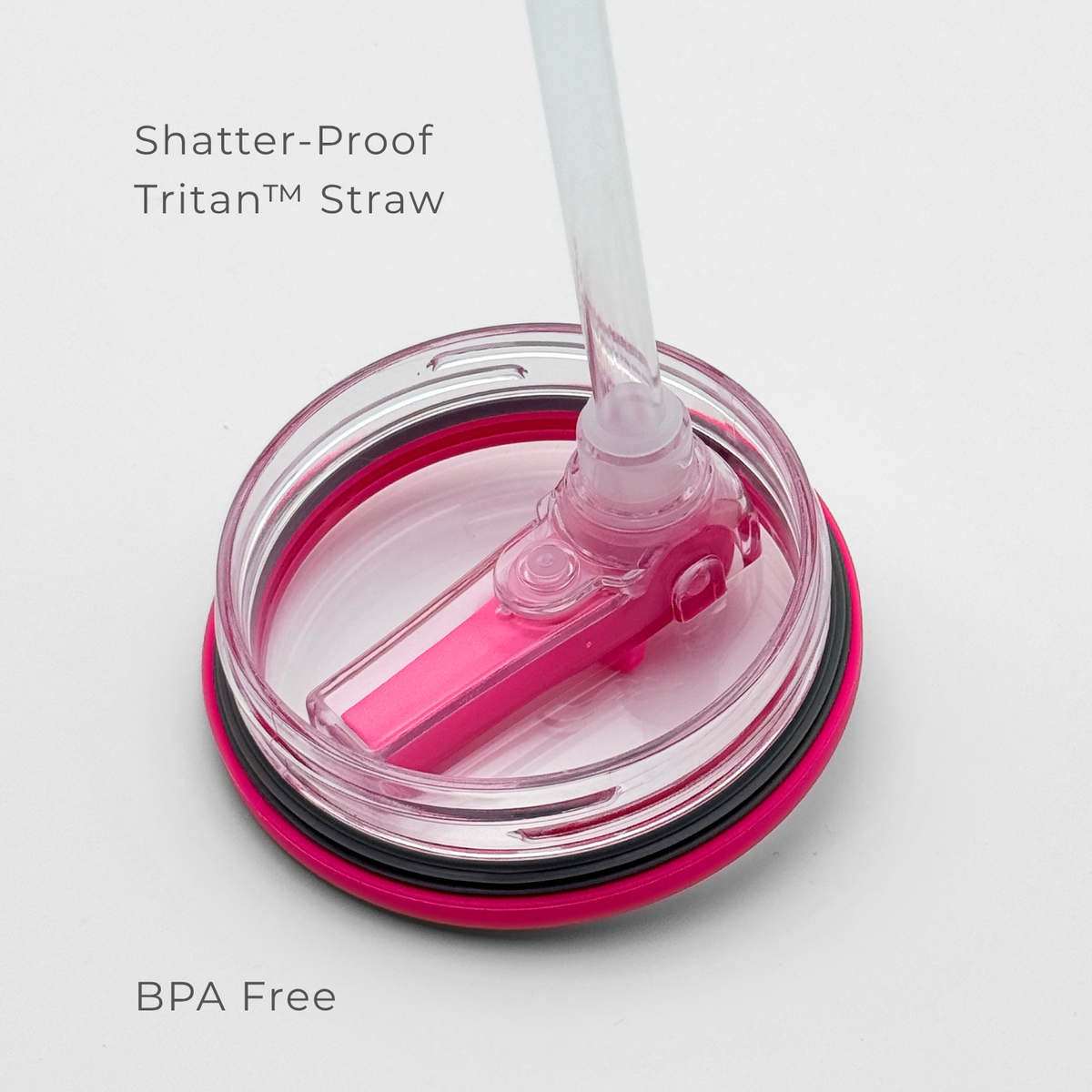 A close-up of the PurePop™ Carry Series | Hot Pink lid featuring a shatter-proof Tritan straw, silicone seal, and BPA-free durable design. Text reads: Shatter-Proof Tritan Straw, BPA Free, Durable Design.