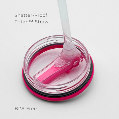 A close-up of the PurePop™ Carry Series | Hot Pink lid featuring a shatter-proof Tritan straw, silicone seal, and BPA-free durable design. Text reads: Shatter-Proof Tritan Straw, BPA Free, Durable Design.
