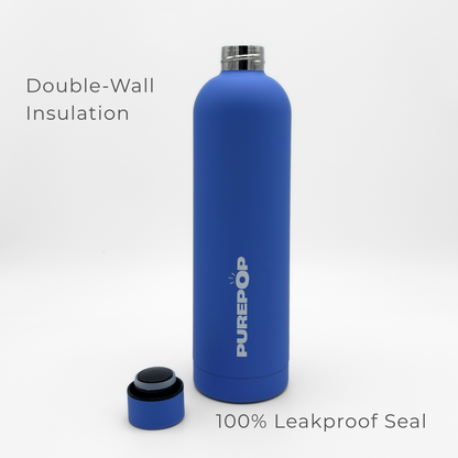 A Core Series Plus | Ultra Marine stainless steel thermal bottle with the lid off, showcasing Double-Wall Insulation on the left and a 100% Leakproof Seal below, set against a plain white background.