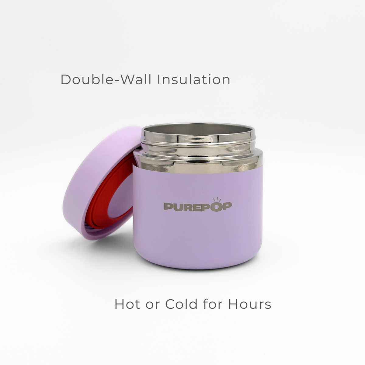 A Twilight Purple Food Flask by Purepop with its lid off reveals a stainless steel interior. Text reads: Double-wall insulation and leakproof, keeping food hot or cold for hours.