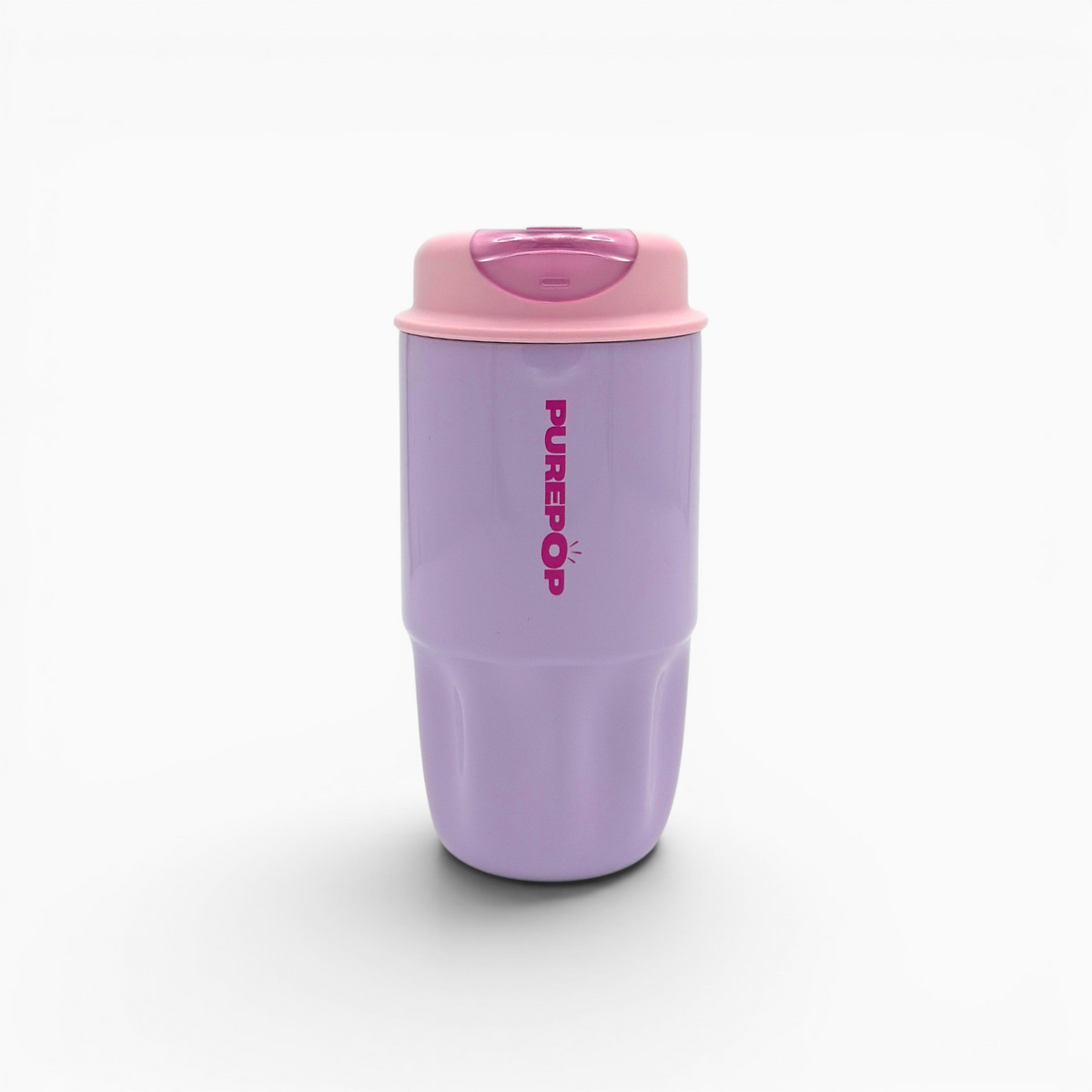 A Sip Series | Soft Lilac reusable coffee cup, featuring a lavender body with a pink lid and the word Purepop printed vertically in pink on the side, shown against a white background—perfect as a stylish, leakproof travel mug for your daily adventures.