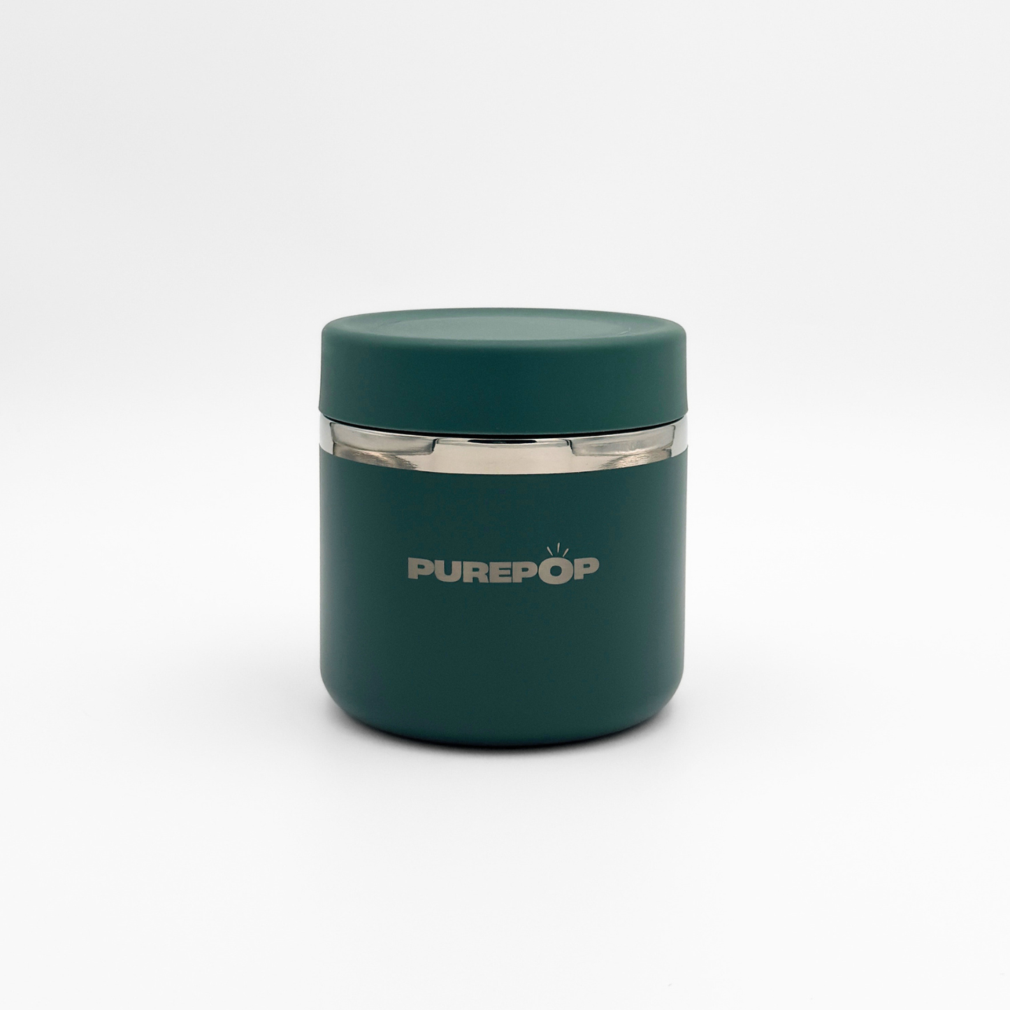 The Food Flask | Midnight Green by Purepop is a matte dark green cylinder with a flat lid and silver band, displaying the PUREPOP logo, providing sleek storage against a plain white background.