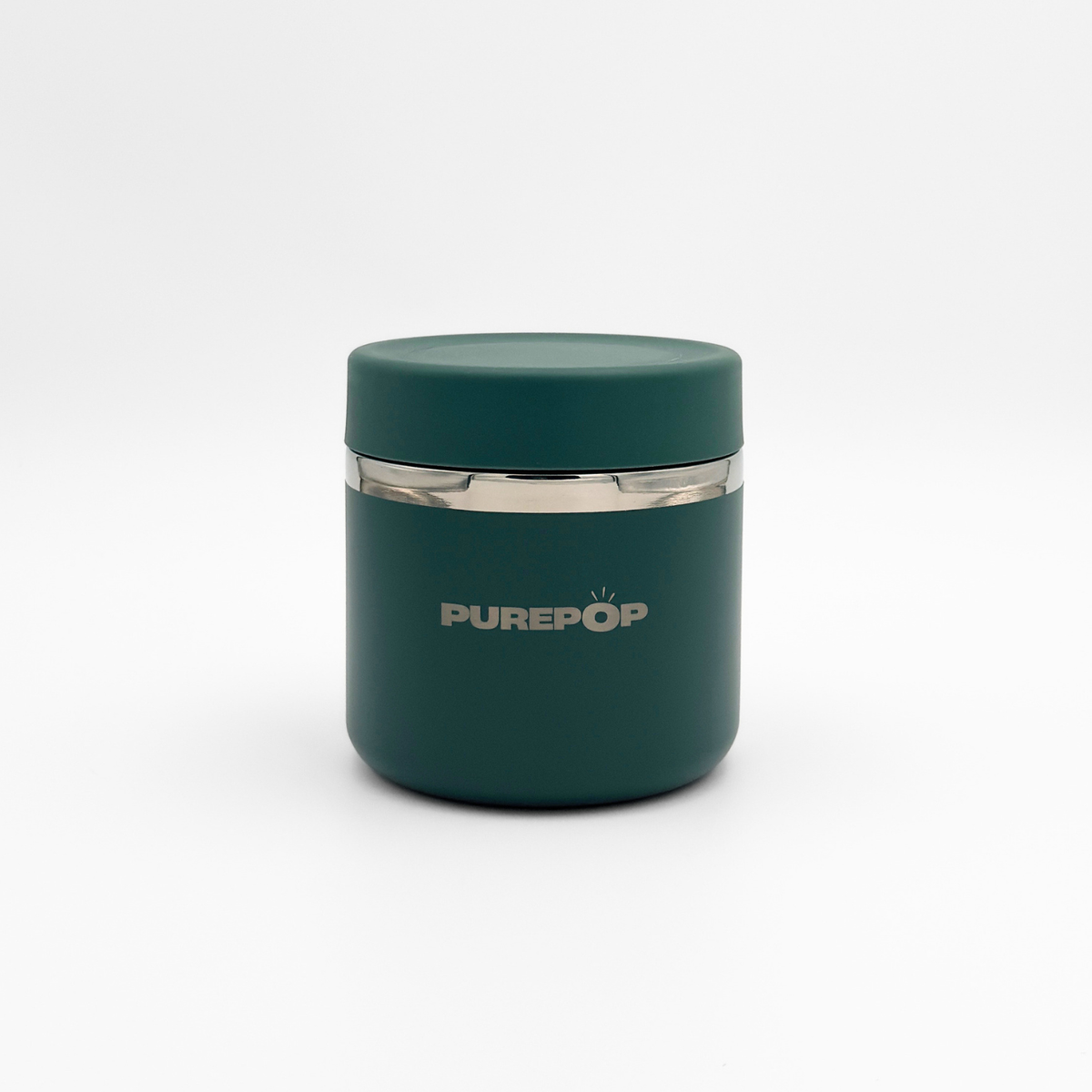 The Food Flask | Midnight Green by Purepop is a matte dark green cylinder with a flat lid and silver band, displaying the PUREPOP logo, providing sleek storage against a plain white background.