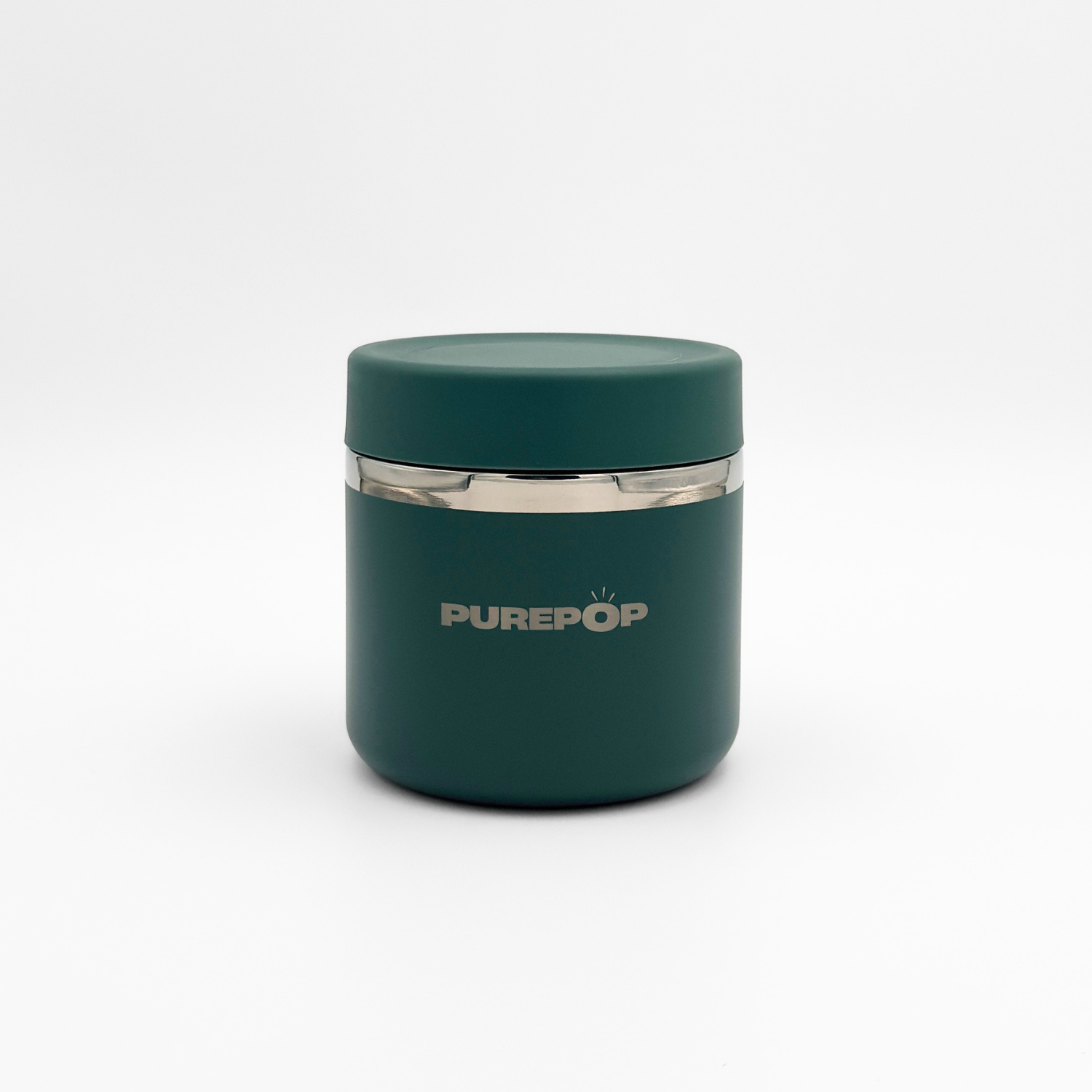 The Food Flask | Midnight Green by Purepop is a matte dark green cylinder with a flat lid and silver band, displaying the PUREPOP logo, providing sleek storage against a plain white background.