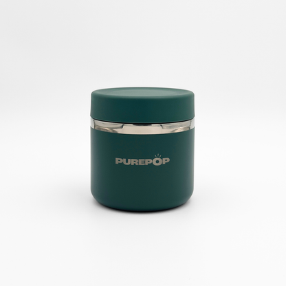 The Food Flask | Midnight Green by Purepop is a matte dark green cylinder with a flat lid and silver band, displaying the PUREPOP logo, providing sleek storage against a plain white background.