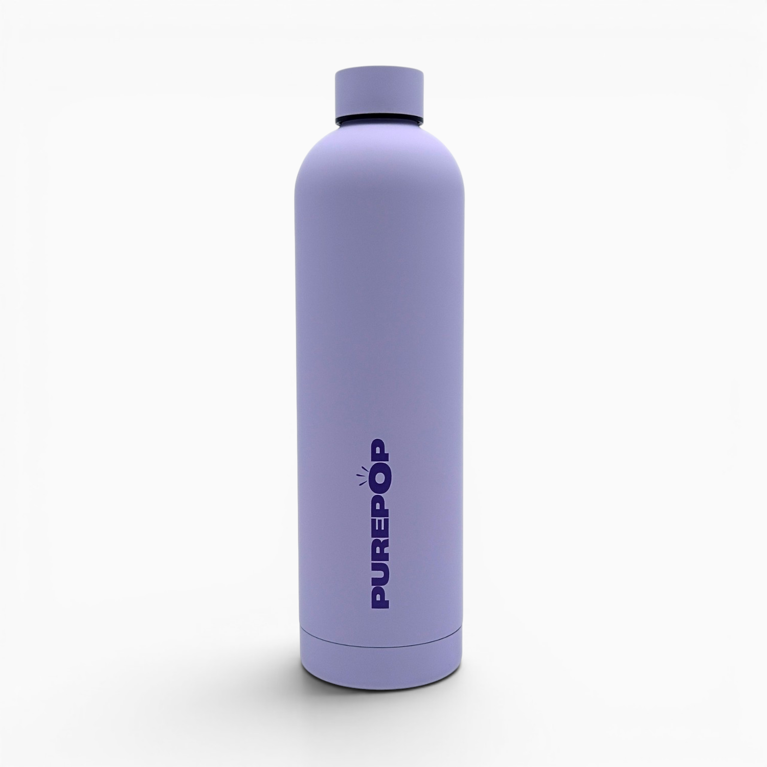 A matte pastel lilac insulated flask from the Core Series Plus stands upright on a white background, featuring the brand name PURE POP in bold, capital letters printed vertically on the front. This double-walled stainless steel water bottle is designed to keep your drinks at the perfect temperature while ensuring a leakproof experience.