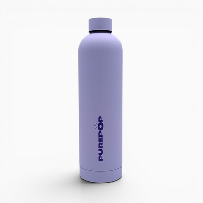 A matte pastel lilac insulated flask from the Core Series Plus stands upright on a white background, featuring the brand name PURE POP in bold, capital letters printed vertically on the front. This double-walled stainless steel water bottle is designed to keep your drinks at the perfect temperature while ensuring a leakproof experience.
