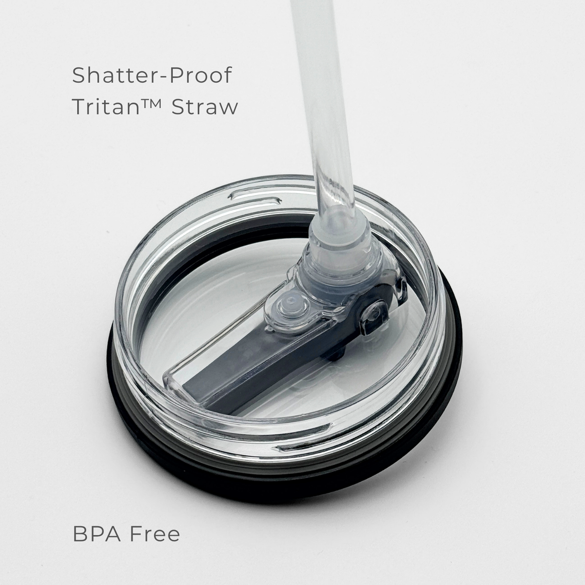 Close-up of the PurePop™ Carry Series | Onyx Black's clear plastic lid, showcasing a shatter-proof Tritan straw, BPA-free material, and handy flip-top. Text reads: "Shatter-Proof Tritan Straw" and "BPA Free.