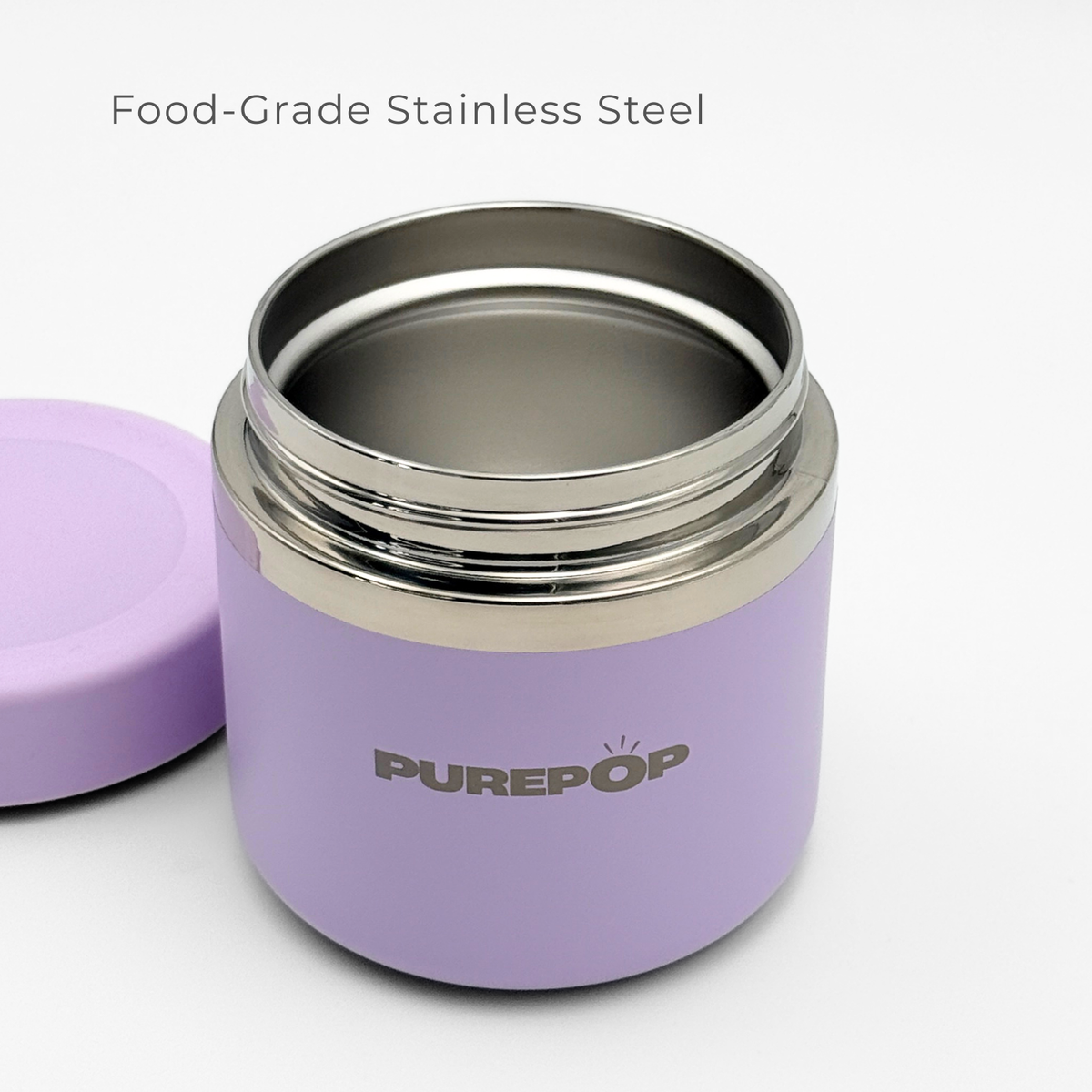 A Purepop Food Flask in Twilight Purple with its lid off reveals a food-grade stainless steel interior.