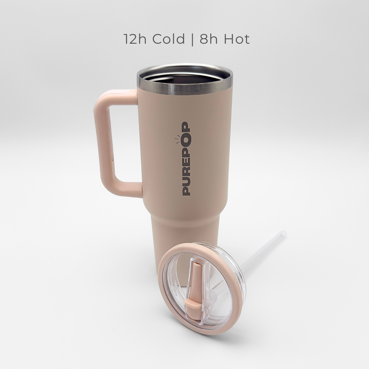 The Carry Series | Rose Quartz by PurePop™ is a beige insulated travel mug with a handle and steel rim, keeping drinks cold for 12 hours or hot for 8. The lid and straw in front make it perfect for daily hydration.