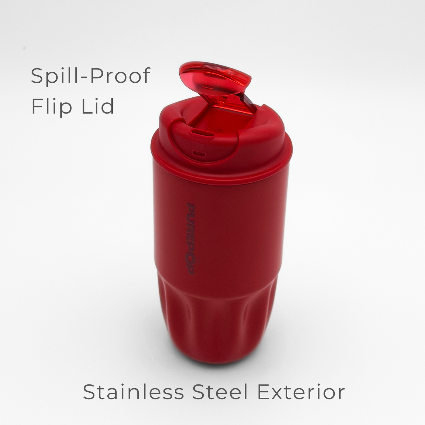 A Sip Series | Chili Red tumbler with a leakproof flip lid stands upright against a white background. Beside and below the tumbler, text reads "Leakproof Flip Lid" and "Stainless Steel Exterior," highlighting its quality as a reusable flask.