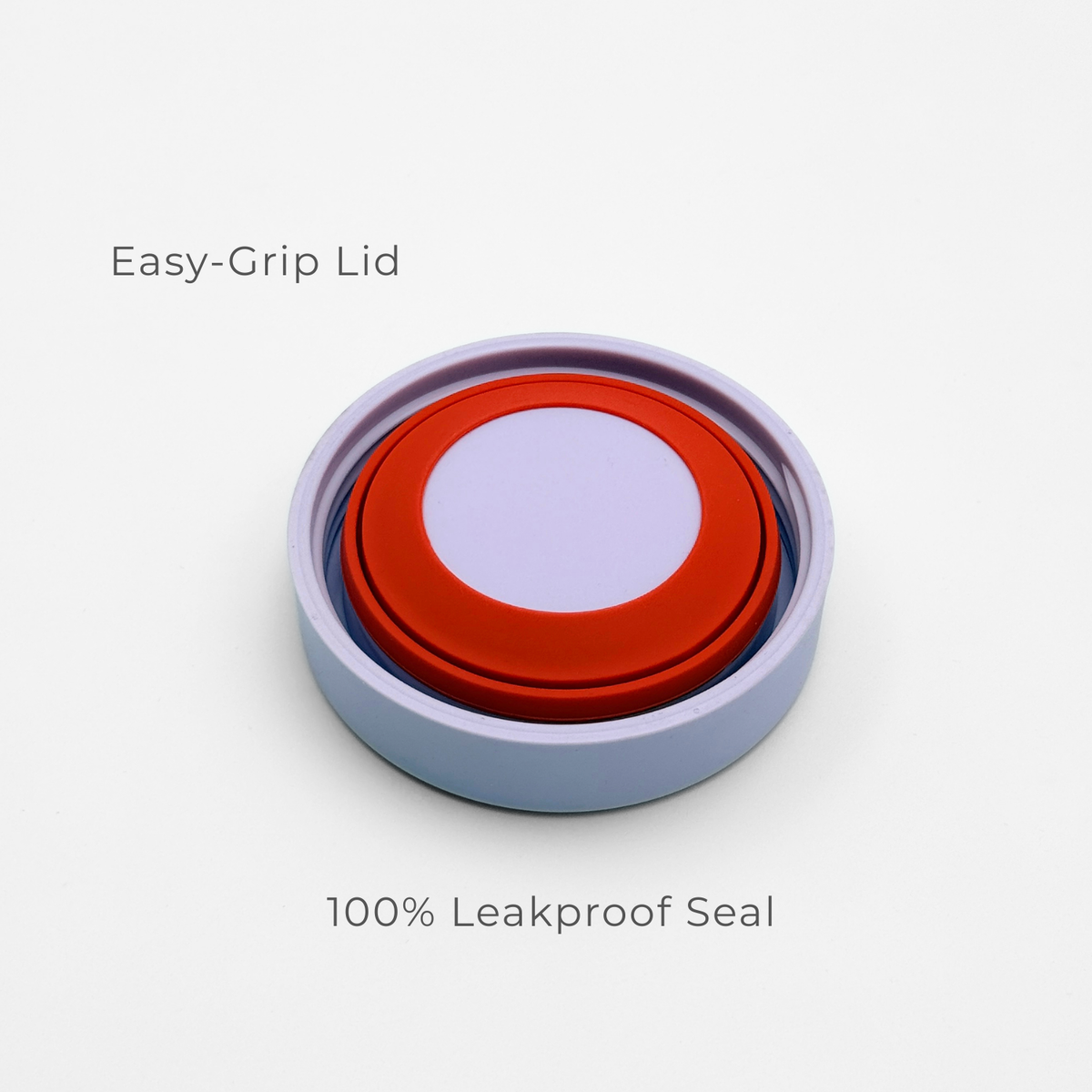 A round, twilight purple Purepop Food Flask lid with text highlighting its Easy-Grip design and 100% Leakproof Seal on a plain white background.