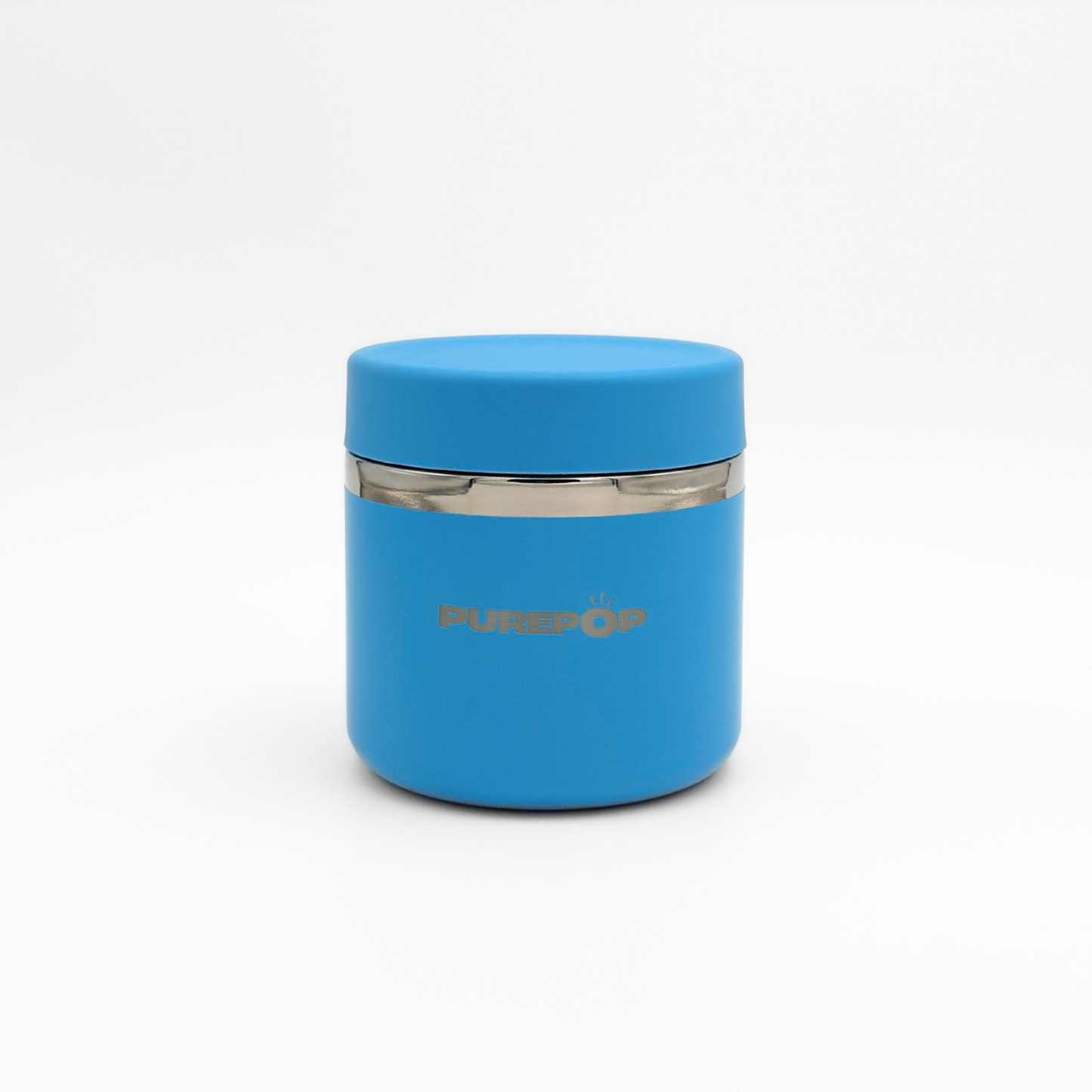 The Purepop Food Flask in Pacific Blue is a sleek, blue cylindrical container with a matching lid and silver band. "PUREPOP" is printed in gold on the front, standing out against a plain white background.