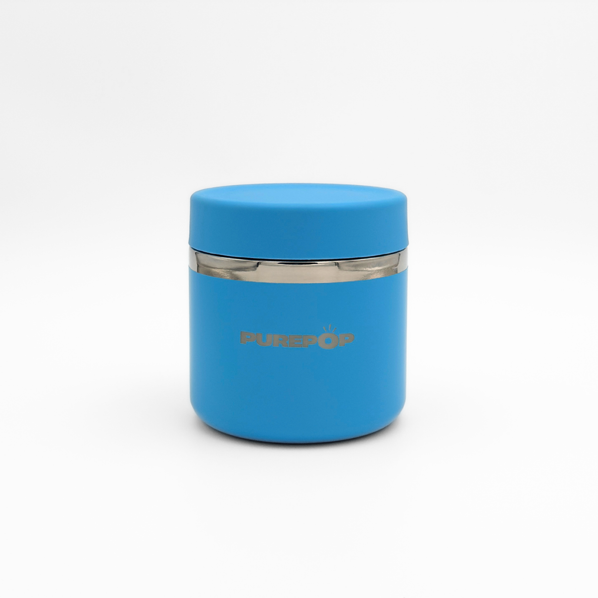 The Purepop Food Flask in Pacific Blue is a sleek, blue cylindrical container with a matching lid and silver band. "PUREPOP" is printed in gold on the front, standing out against a plain white background.