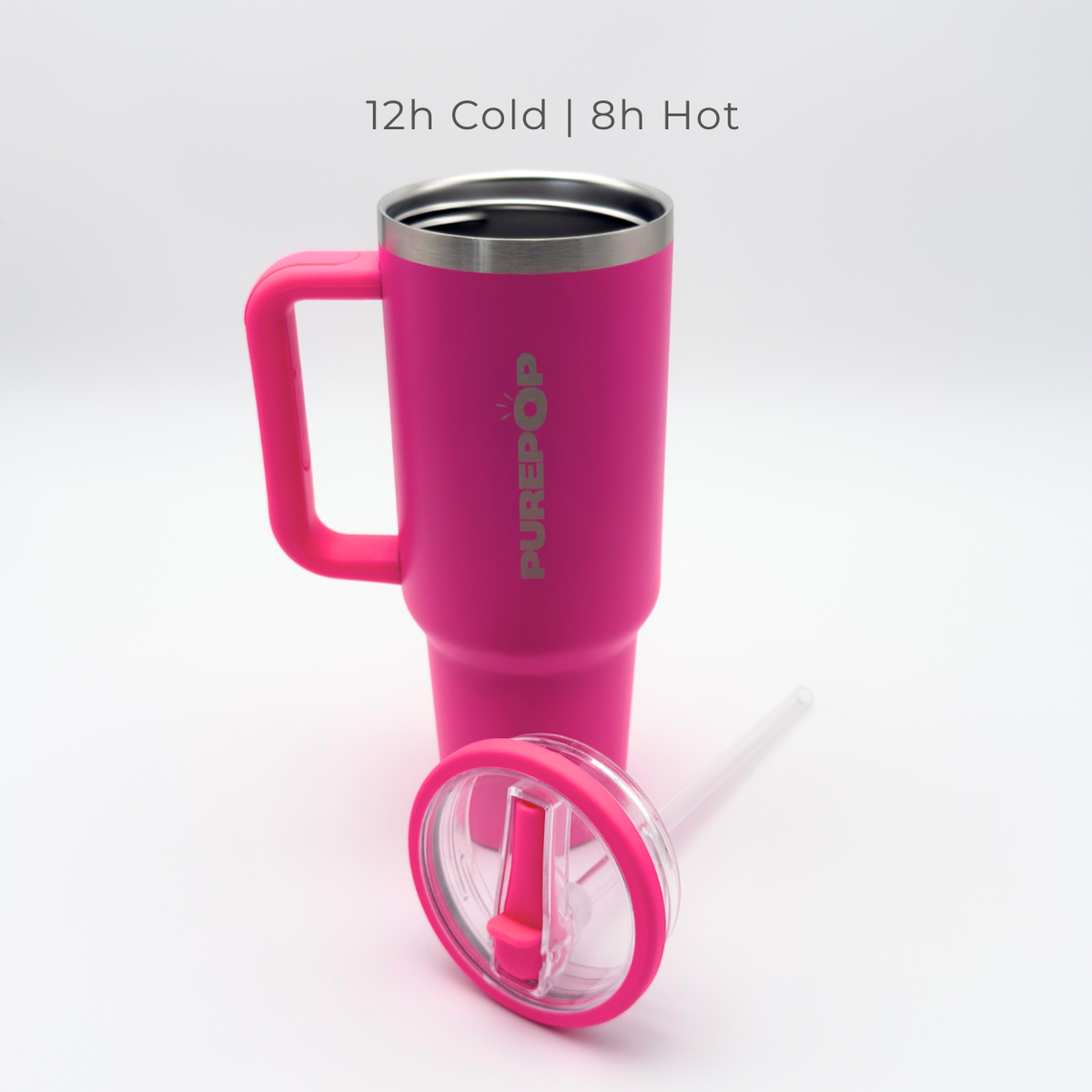The PurePop™ Carry Series tumbler in Hot Pink is shown with its clear lid and straw removed. Above, “12h Cold | 8h Hot” highlights its temperature retention—ideal for on-the-go drinks.