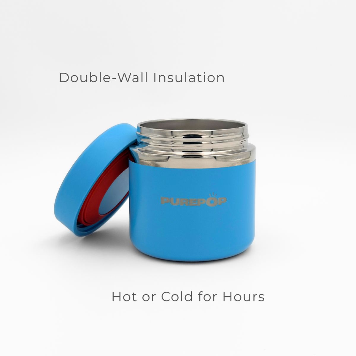 A Food Flask | Pacific Blue by Purepop is shown with its lid off, displaying a stainless steel interior and red seal. Above, text reads Double-Wall Insulation; below: Hot or Cold for Hours—ideal for fresh meals anywhere.