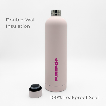 A Core Series Plus | Cloud Pink PUREPOP water bottle with its cap removed is displayed standing upright on a plain white background. The text reads: Double-Wall Insulation and 100% Leakproof Seal.