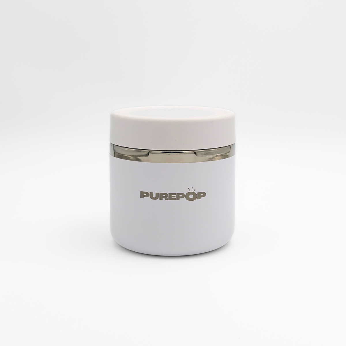 The Food Flask | Frost White by Purepop features a sleek white cylindrical design with a silver band and bold branding, showcased against a plain white background for a modern touch.