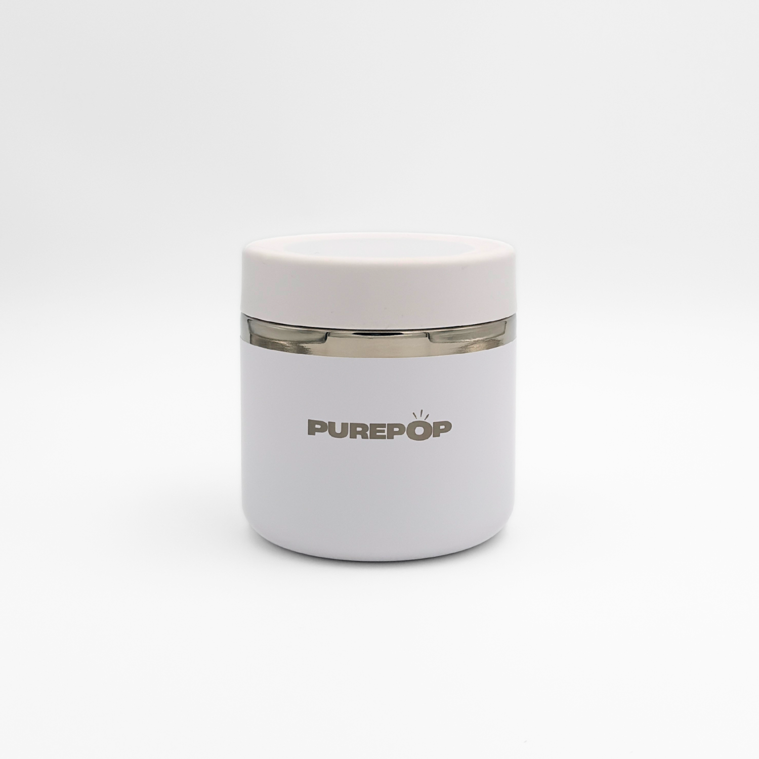 The Food Flask | Frost White by Purepop features a sleek white cylindrical design with a silver band and bold branding, showcased against a plain white background for a modern touch.