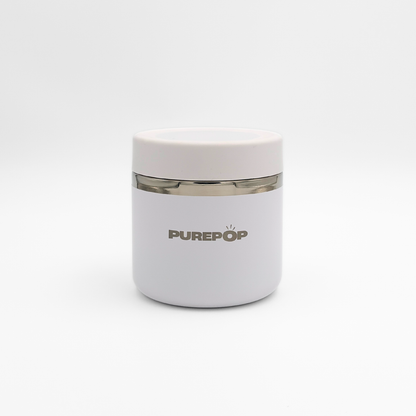 The Food Flask | Frost White by Purepop features a sleek white cylindrical design with a silver band and bold branding, showcased against a plain white background for a modern touch.